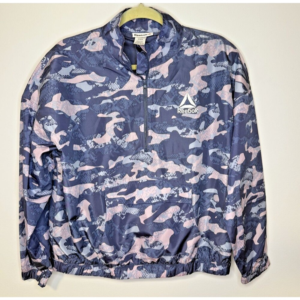 Reebok Windbreaker Blue Pink Camo 1/2 Zip Womens Jacket Coat Sz Medium